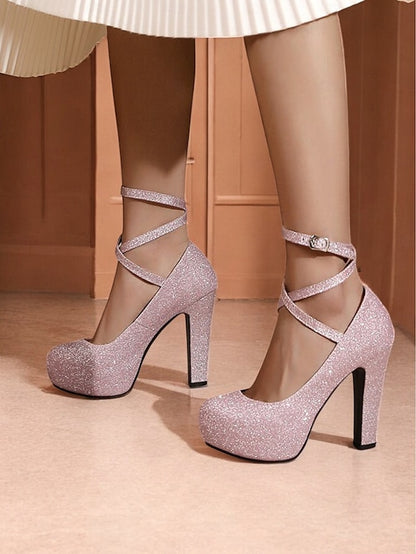 – Women's Heels Platform with Strap Pink Glitter Ankle