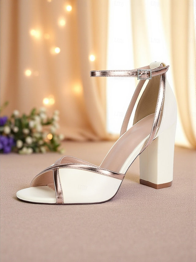 with Strap Ankle Metallic Women's Block White Sandals Heel