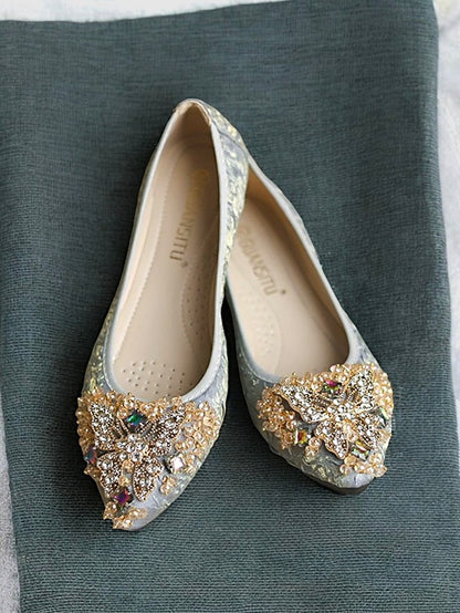 Women's Embroidered Beaded Ballet Flats Foldable with