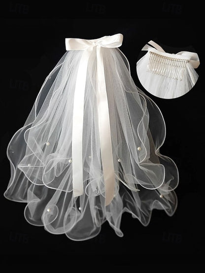 Ivory with - Soft Elegant Ribbon Tulle Bridal Satin and Veil
