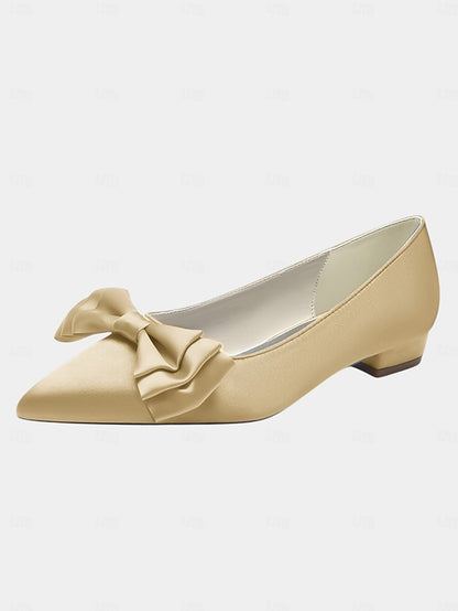 Pointed Women's Bow Toe - Elegant Green Flats Satin