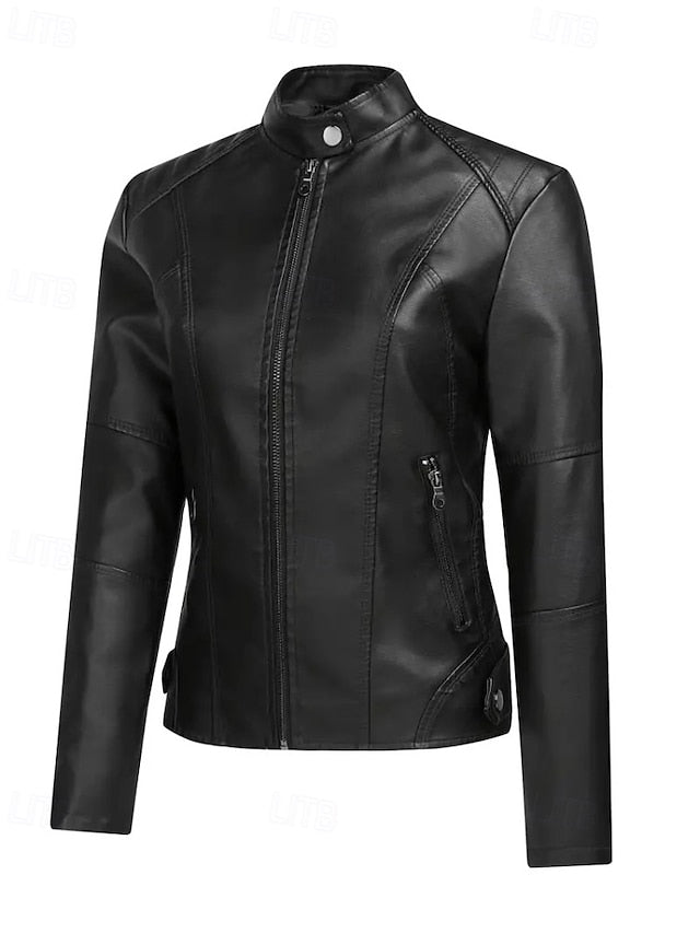 Pocket Women's Leather Faux Zipper Jacket Comfortable