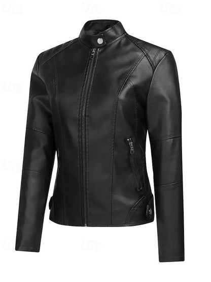 Pocket Women's Leather Faux Zipper Jacket Comfortable
