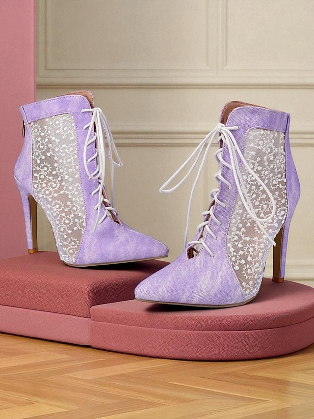 Stiletto Heels White Lace Mesh with Women's Ankle Booties