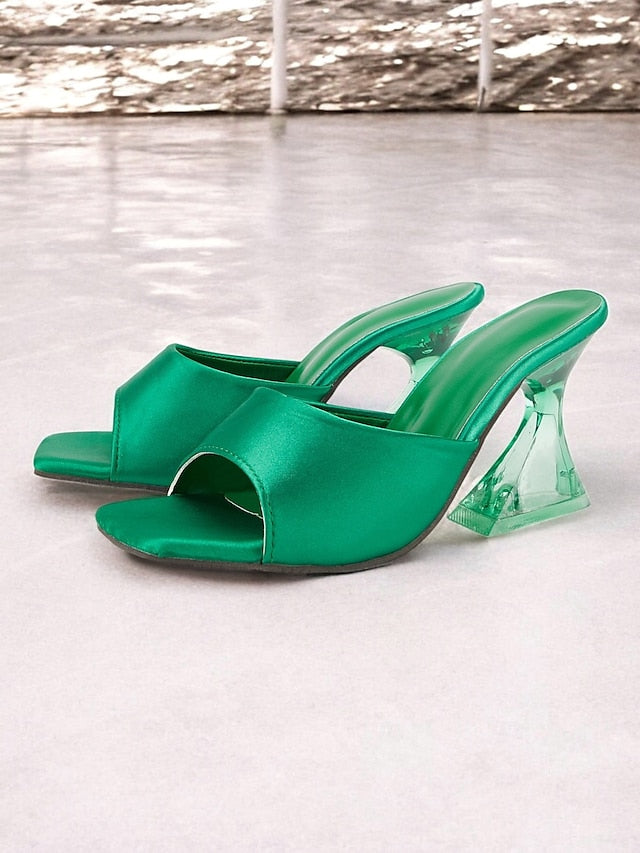 Open-Toe Heels Block with Mules Green Satin for Transparent