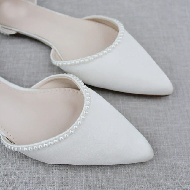 Shoes Women's Flat with Toe Pearl-Embellished White Pointed
