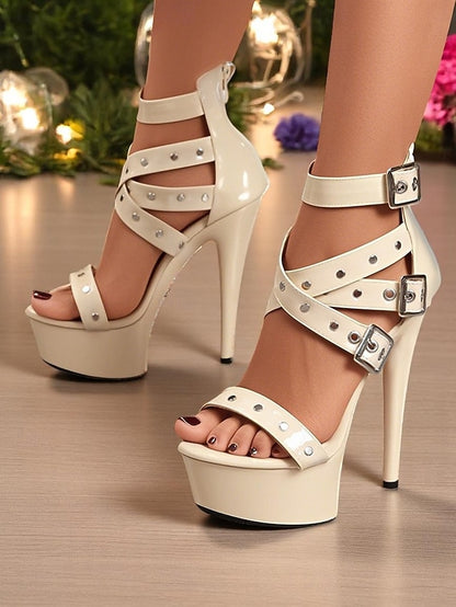 Platform Heels High Buckled Women's Straps and White with