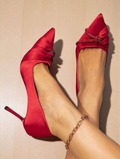 Satin Stiletto Red Toe with Heels Pointed Women's