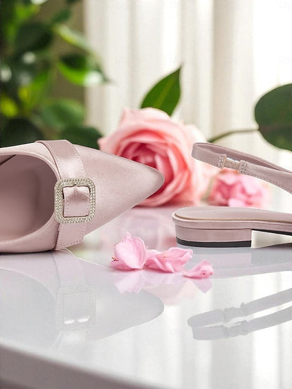 Rhinestone Flats Women's Satin with Pink Buckle Slingback