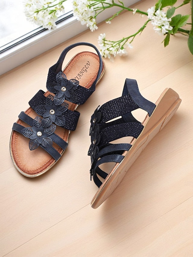 Elegant Women's Beige Floral Rhinestone – Flat Sandals