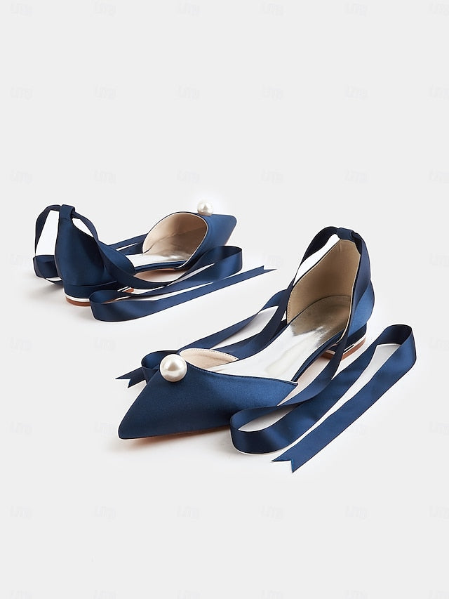 - Navy Pearl Satin Pointed Flats Embellished Toe Women's