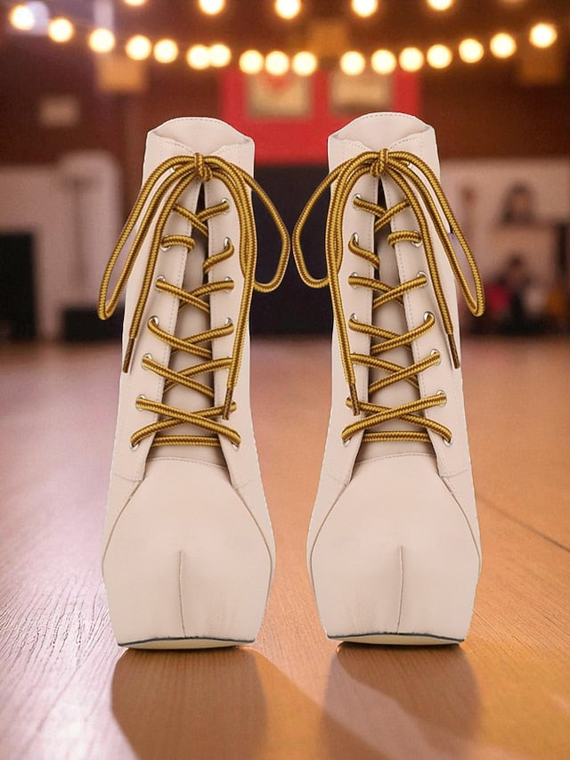 Leather Ankle Beige Platform Faux Women's - Boots Lace-Up