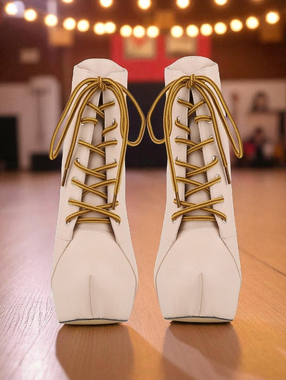 Leather Ankle Beige Platform Faux Women's - Boots Lace-Up