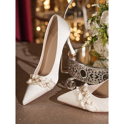 Pumps with Pointed Women's White Satin Heel Toe High Ruffle