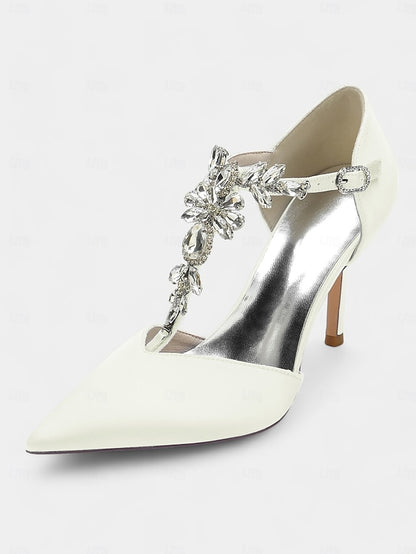 Pointed Women's Satin Blue – Navy Toe Heels T-Strap