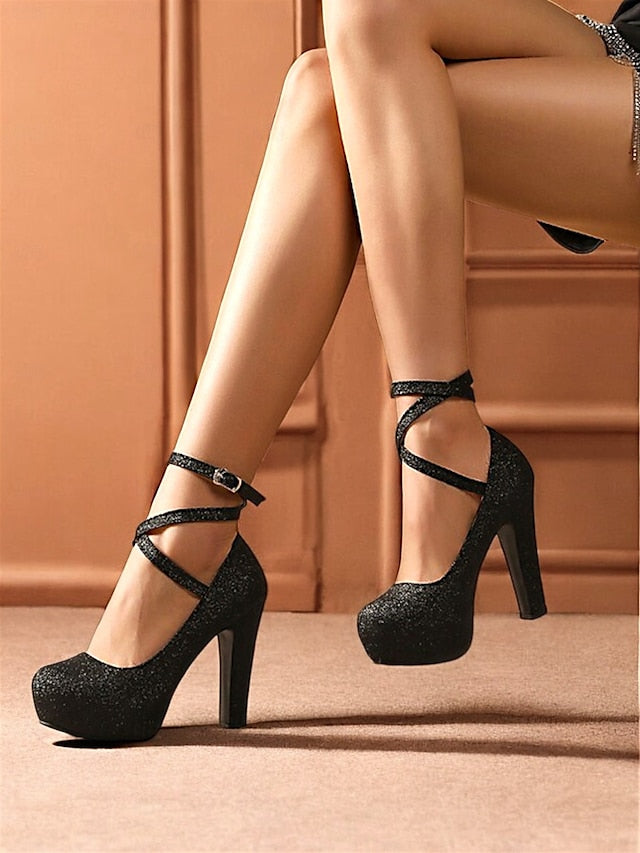 – Women's Heels Platform with Strap Pink Glitter Ankle