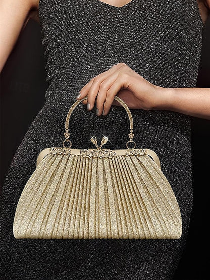 Women's Clutch with Glitter Evening Vintage Pleated Purse