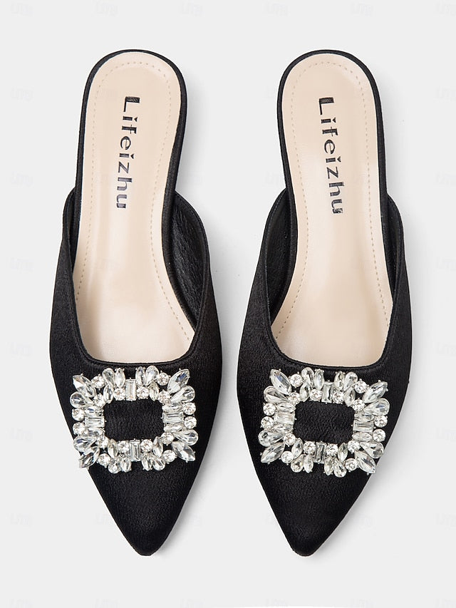 Black with Satin Women's Pointed-Toe Mules Rhinestone