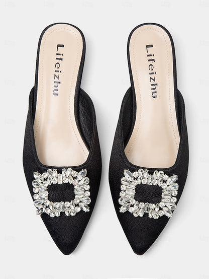 Black Women's Satin with Mules Rhinestone Pointed-Toe