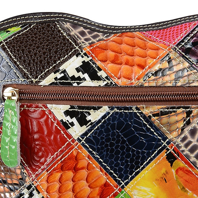 Women's Leather Shoulder Bohemian Colorful Patchwork - Bag