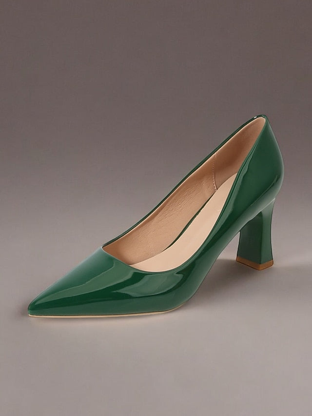Heel Green Leather Faux Glossy Patent Pumps Pointed-Toe Block