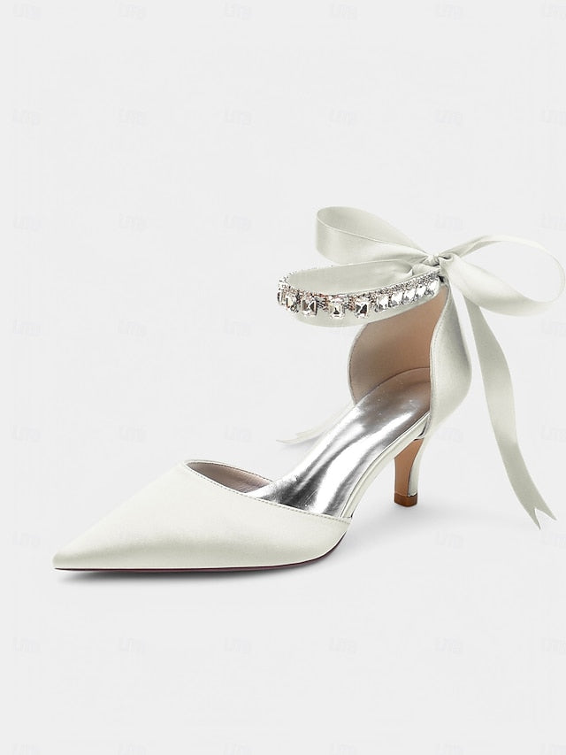 Ankle Rhinestone and Pointed-Kitten Strap with Heels Satin Blue