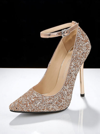 Pointed – Women's Stiletto Gold Glitter Sparkly Heels Toe