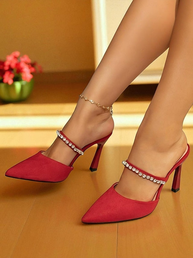 Strap Stiletto Heels with Women's Elegant Red - Rhinestone