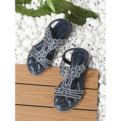 Rhinestone – Flat Boho Silver Sandals Women's T-Strap