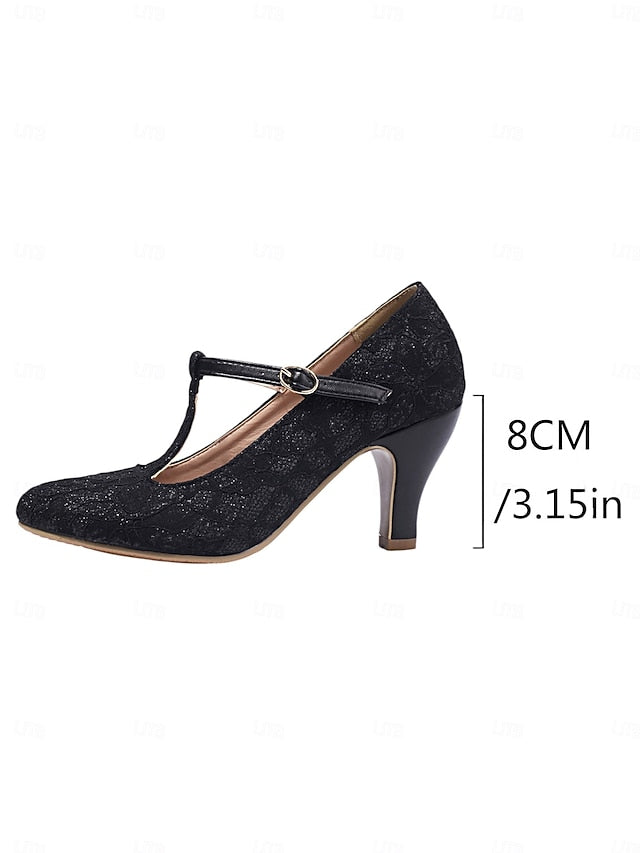 Lace Heel Pumps-1920s T-Strap Mid Ivory Vintage Women's