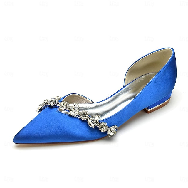 Shoes Pointed with Toe Crystal Wedding Satin Flat and White