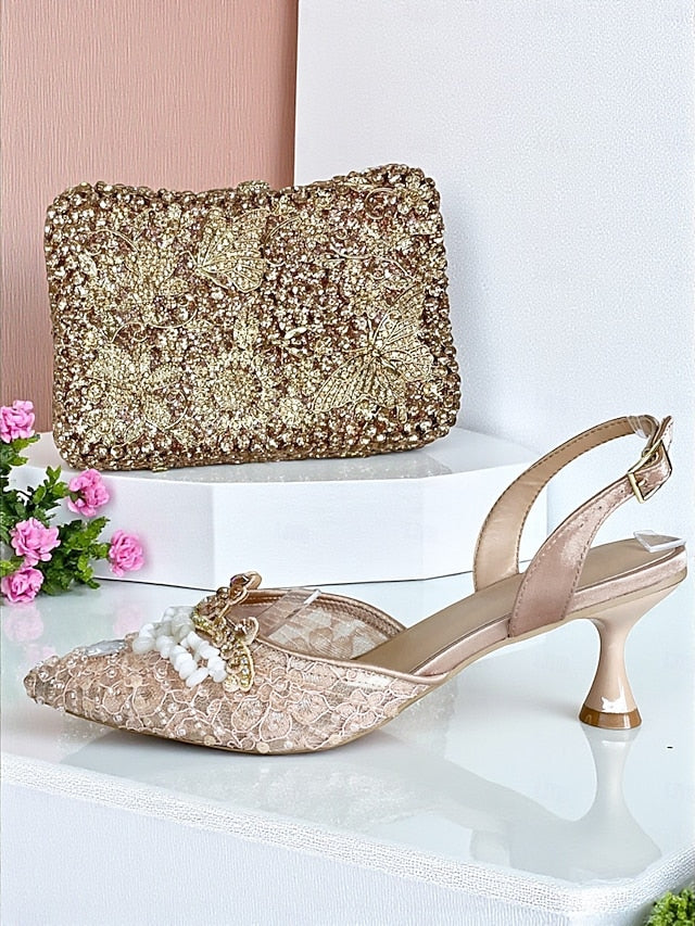 Heel Rhinestone Women's Shoes Green Set and Clutch - Bag