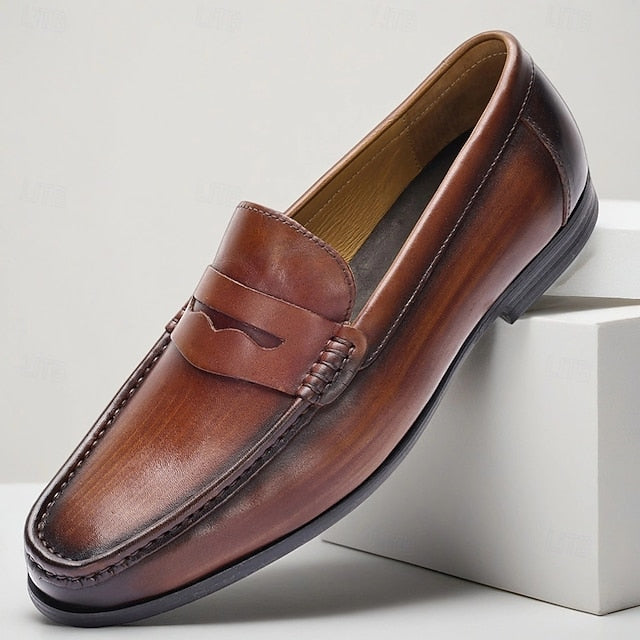 Brown Loafers Slip-On Men's Shoes Leather Penny with