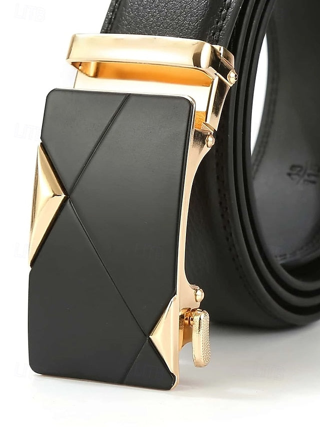 with Elegant Adjustable Black Leather Men's Belt Metal