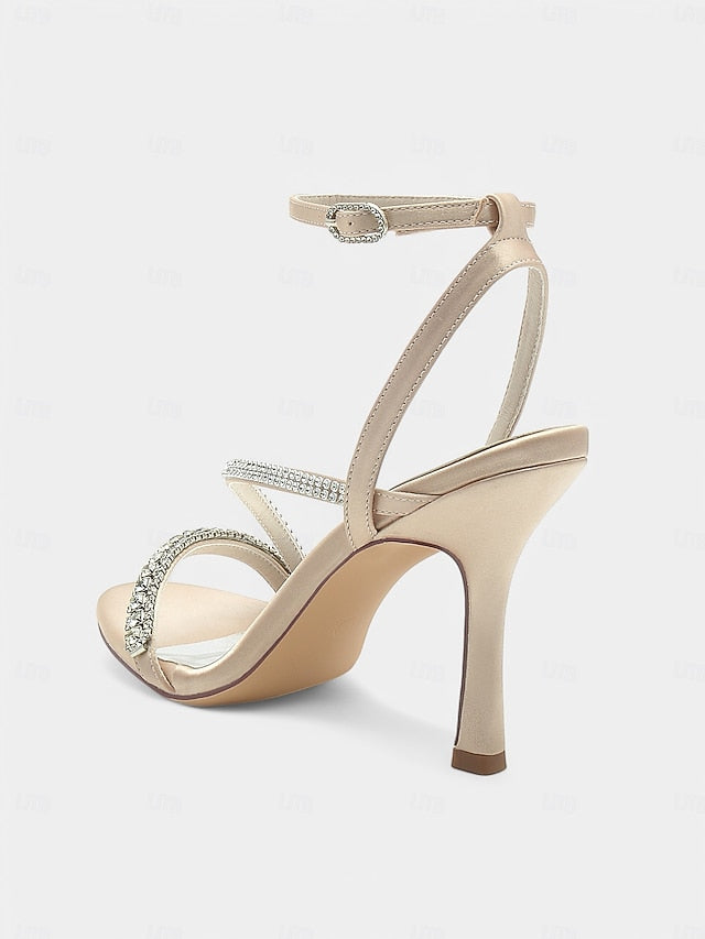 Sophisticated Satin Champagne – Rhinestone Heels Strappy