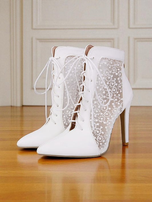 Stiletto Heels White Lace Mesh with Women's Ankle Booties