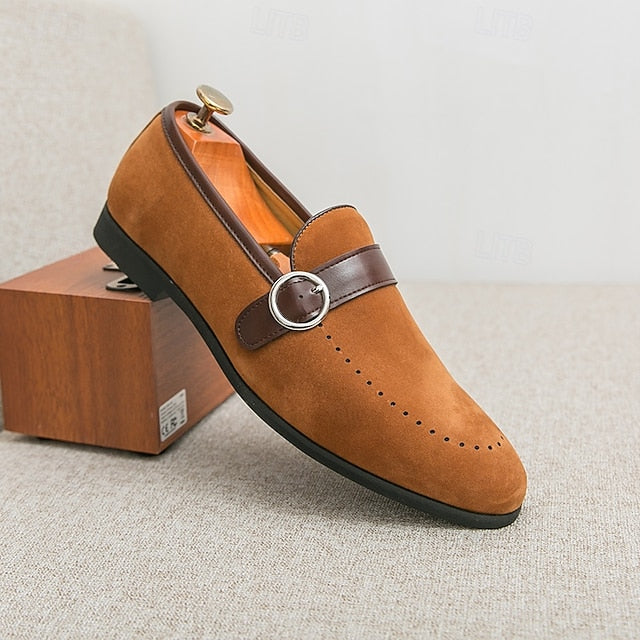 Strap Brown Men's Suede Slip-On Faux Loafers with Buckle