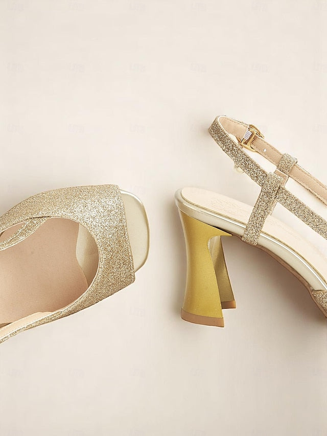 Slingback Gold - Sparkly Glitter Open-Toe Heels Women's