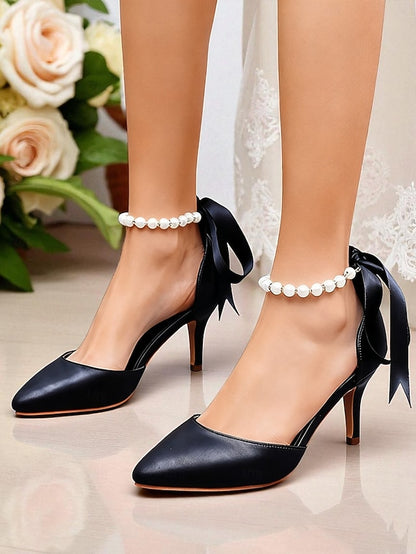 Heel - with Kitten Blue Women's Pumps Ankle Pearl Strap Bow