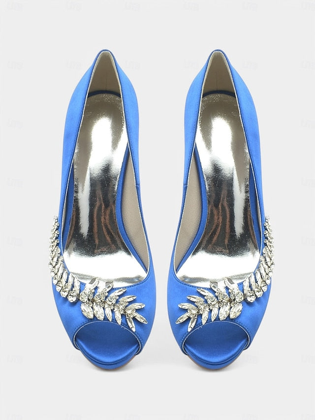 with – Peep-Toe Crystal Embellishment Heels Blue Satin Luxury