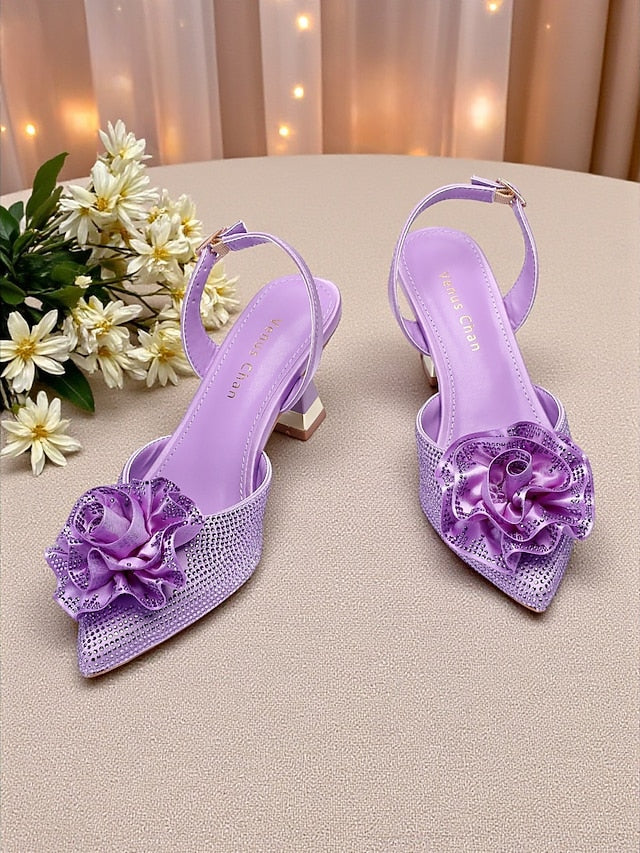 Rhinestone Heels Floral Slingback Women's with Purple