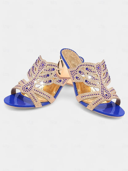 Heeled Embellished and Rhinestone - Green Sandals Gold