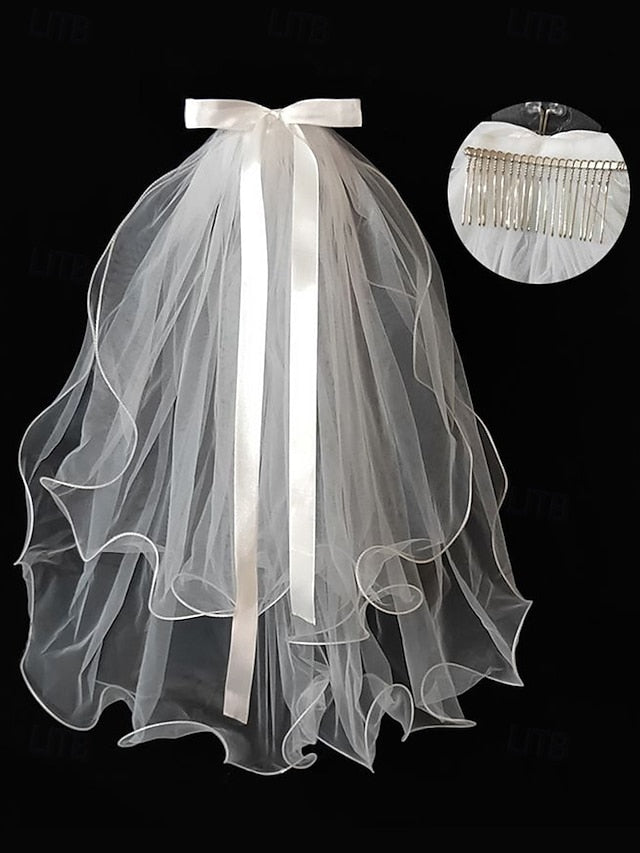 Ivory with - Soft Elegant Ribbon Tulle Bridal Satin and Veil