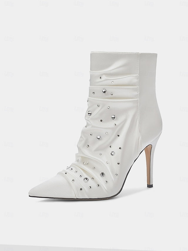 Satin White Women's Ankle with Boots Rhinestone