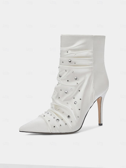 Satin White Women's Ankle with Boots Rhinestone