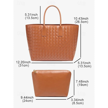 Woven Leather and – Brown Tote Women's Stylish Bag