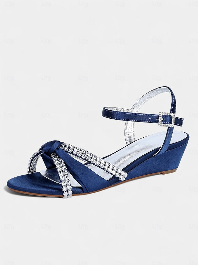 - Satin Green Rhinestone Wedge Sandals Knot Women's