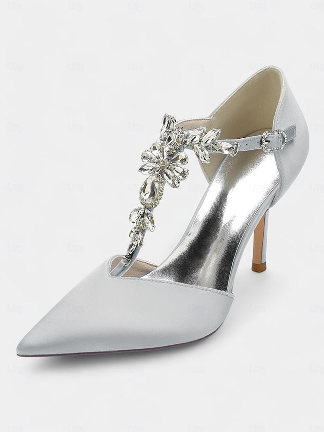 Pointed Women's Satin Blue – Navy Toe Heels T-Strap