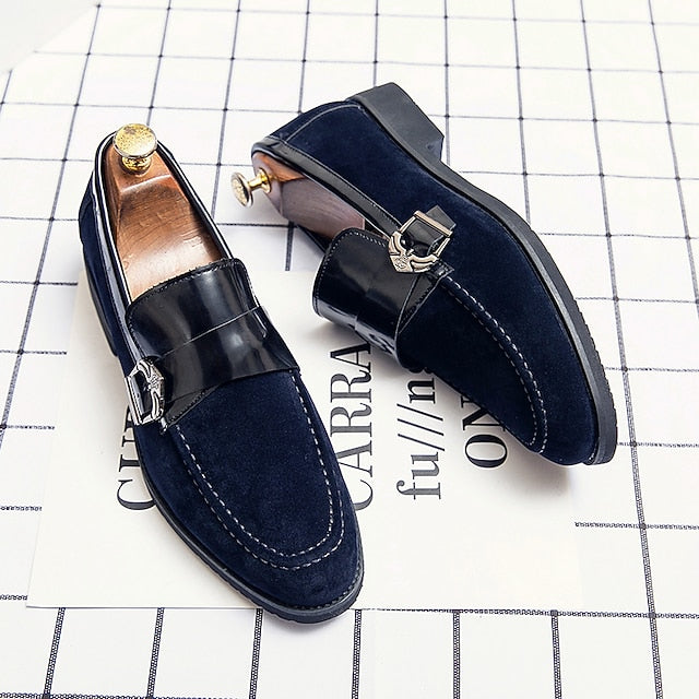 Strap with Men's Suede Patent Metal Loafers and Leather