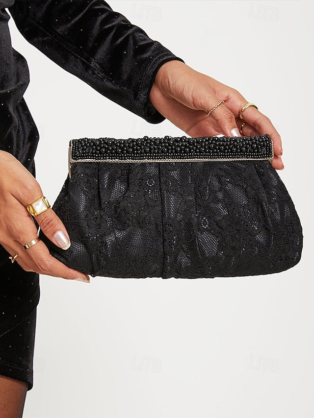 Black Elegant Beaded Clutch with Bag Women's Evening Lace